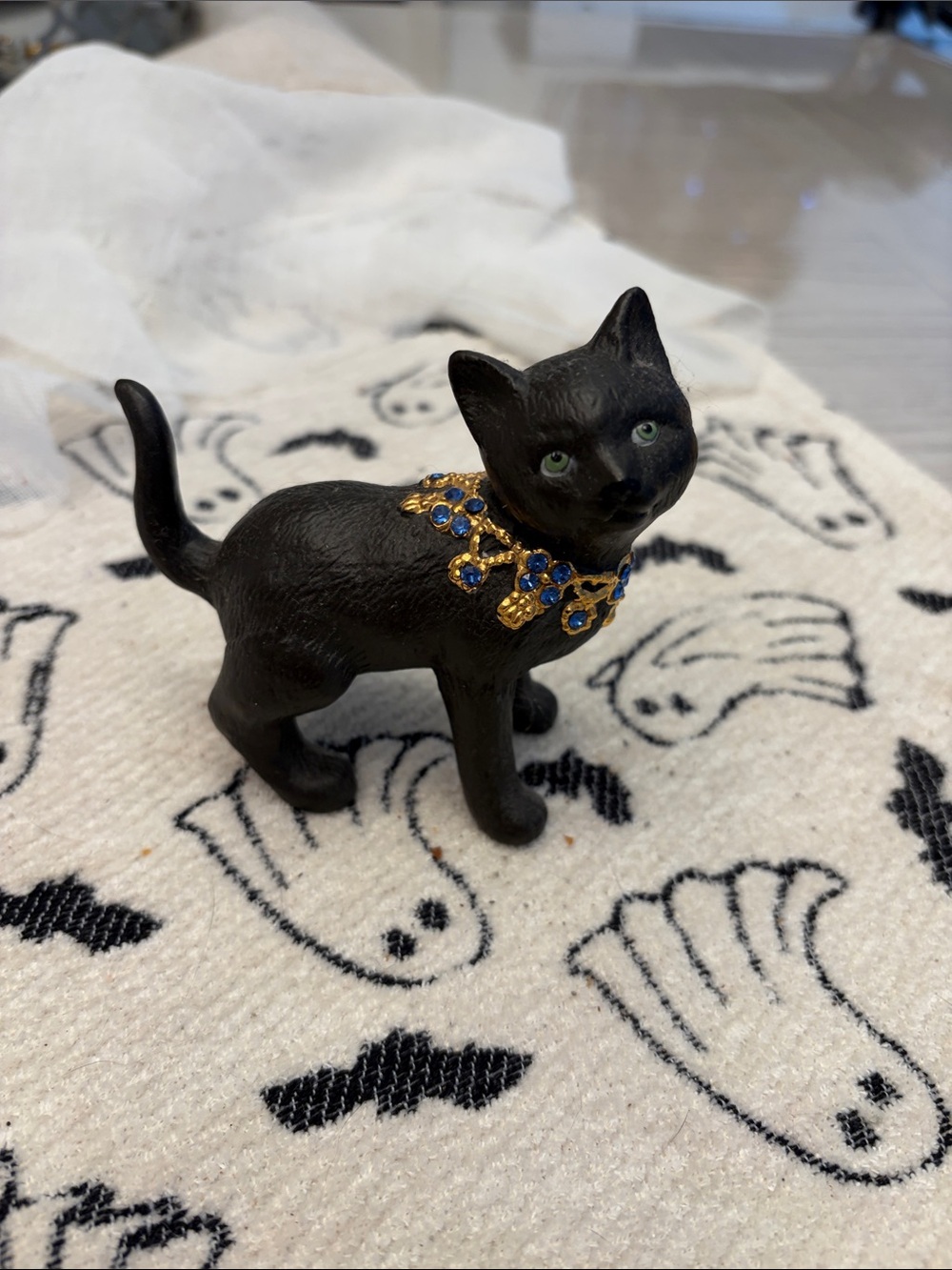 Black Decorative Cat Figurine with Gold & Blue Collar